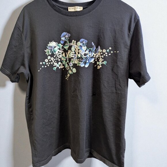 Givenchy Short Sleeve T-Shirt Men's Floral Print Logo, Size L, Hole in Front - Picture 1 of 5